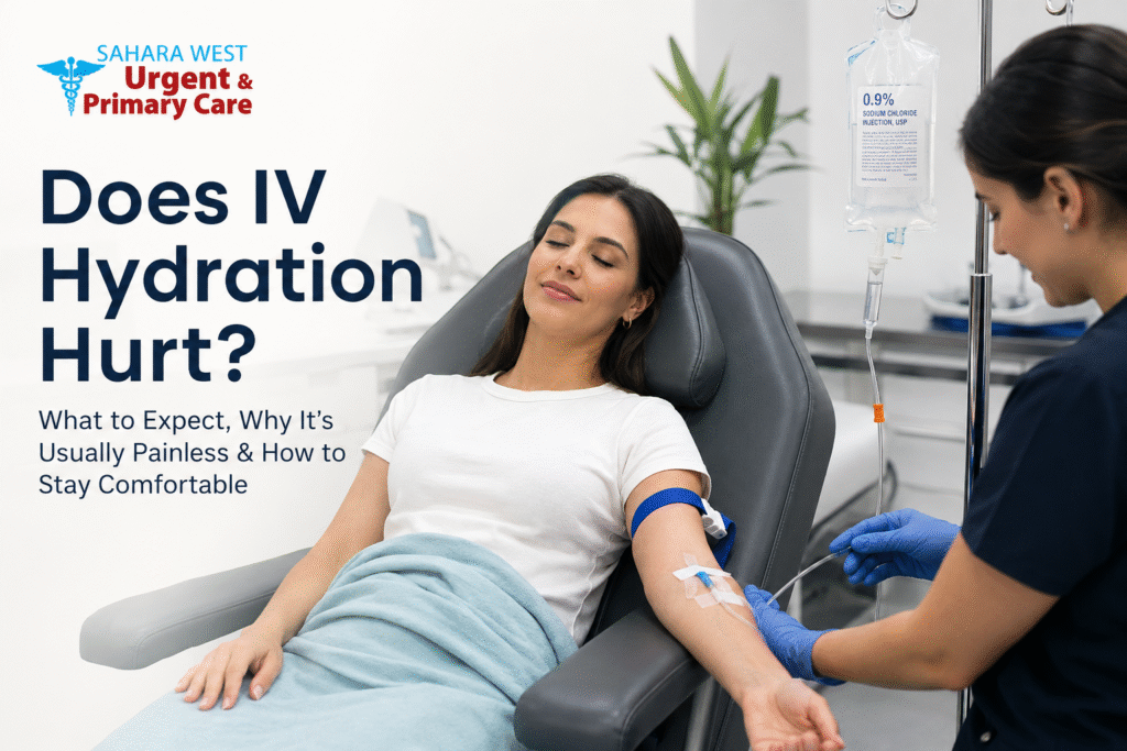 Patient comfortably receiving IV hydration therapy from a medical professional at Sahara West Urgent Care while learning what to expect during a painless IV treatment.