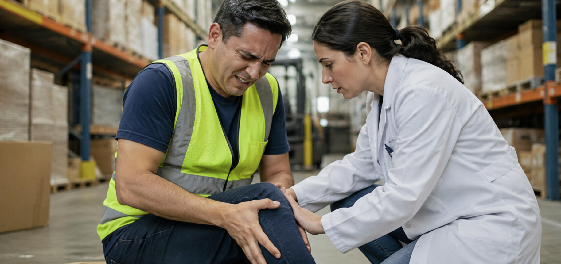 Workers' compensation doctor treating an injured warehouse employee at Sahara West Urgent Care in Las Vegas.