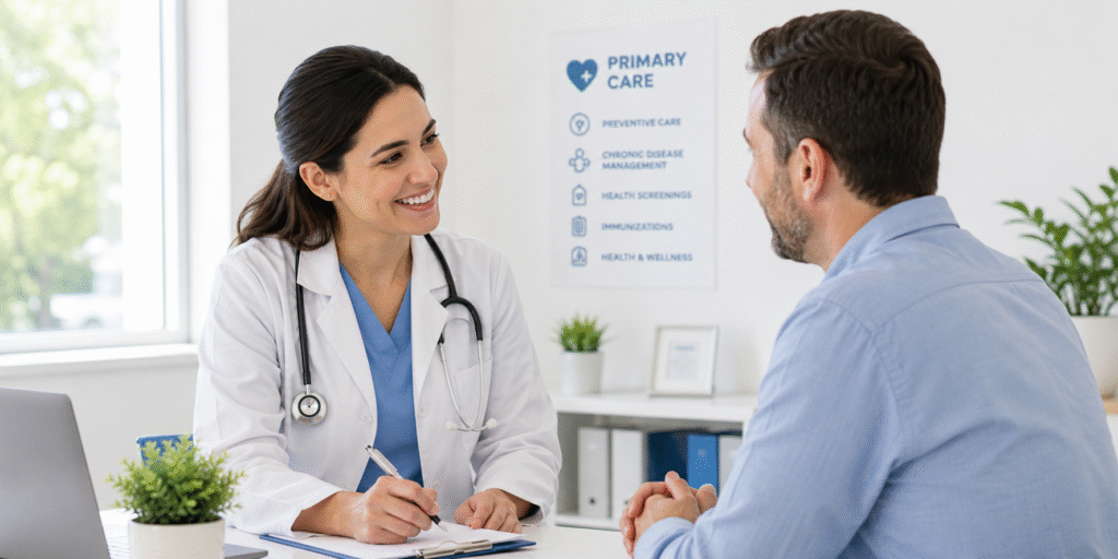 Primary care doctor consulting with an adult patient during a routine medical examination at Sahara West Urgent Care in Las Vegas.