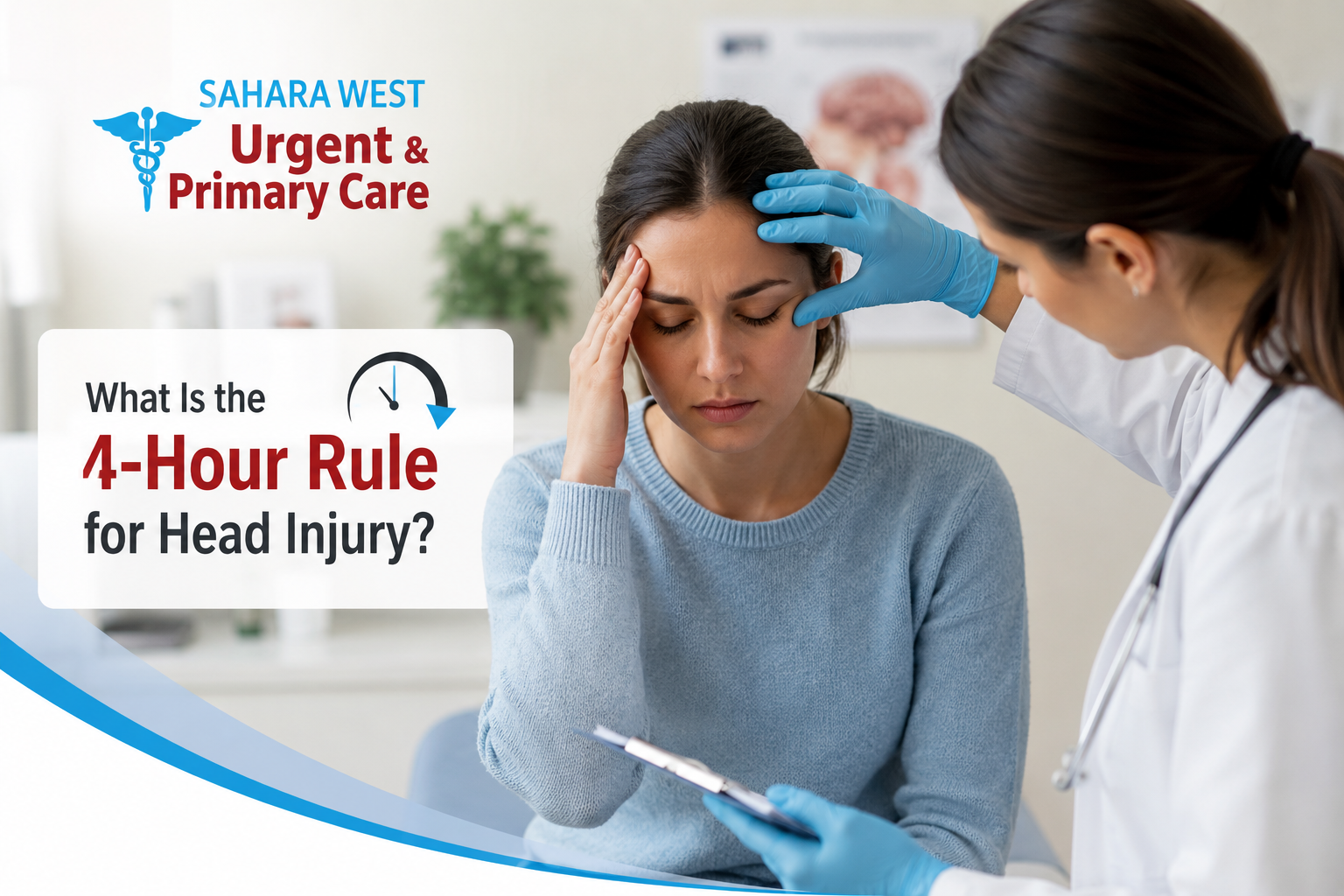 Woman with a headache receiving a head injury evaluation from a healthcare provider at Sahara West Urgent & Primary Care