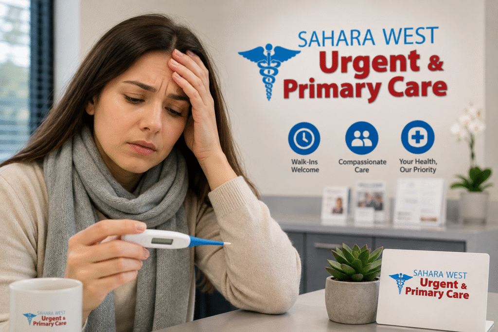 Woman checking her temperature with a digital thermometer at Sahara West Urgent & Primary Care in Las Vegas