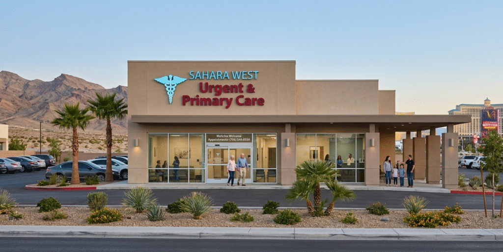 Primary care physician in Las Vegas consulting with a patient about desert heat, allergies, and preventive healthcare in Southern Nevada.
