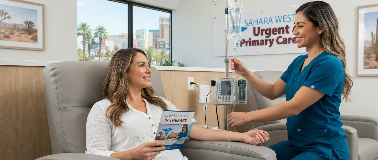 A female patient in a medical recliner receiving an IV infusion from a nurse in teal scrubs, with the Sahara West Urgent & Primary Care logo and a Las Vegas skyline view visible in the clinic.