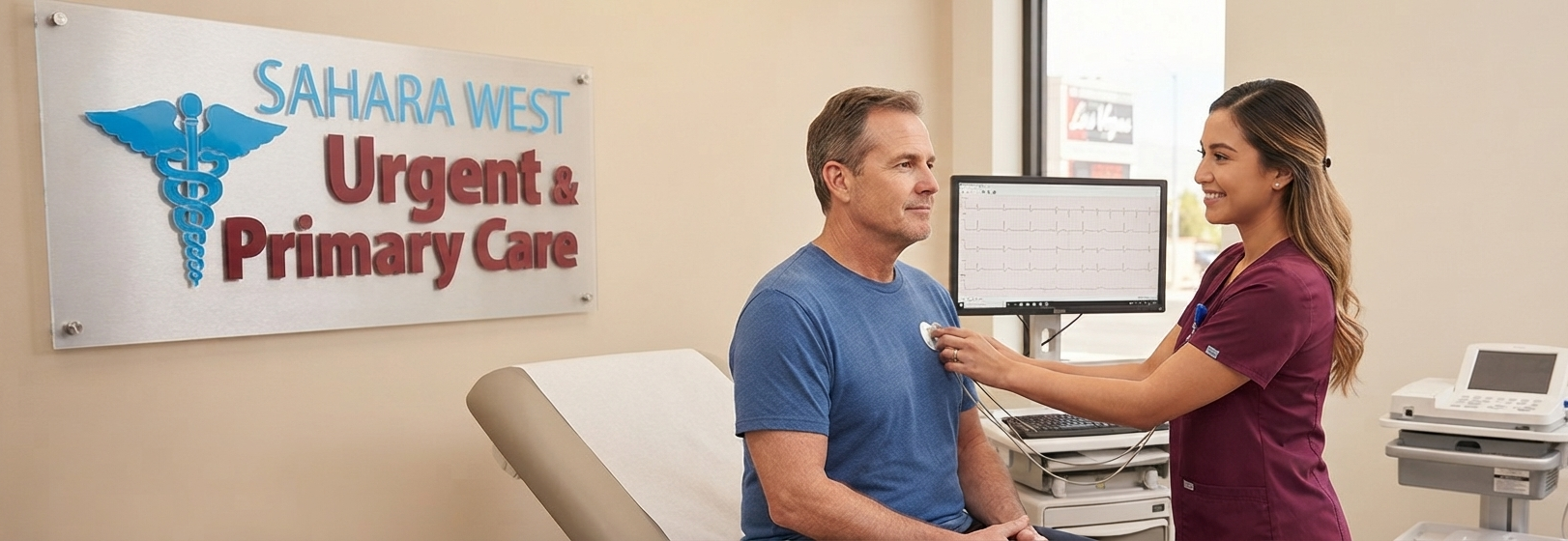 A medical professional administering an EKG test to a patient at Sahara West Urgent Care in Las Vegas, with the branded logo visible on the wall.