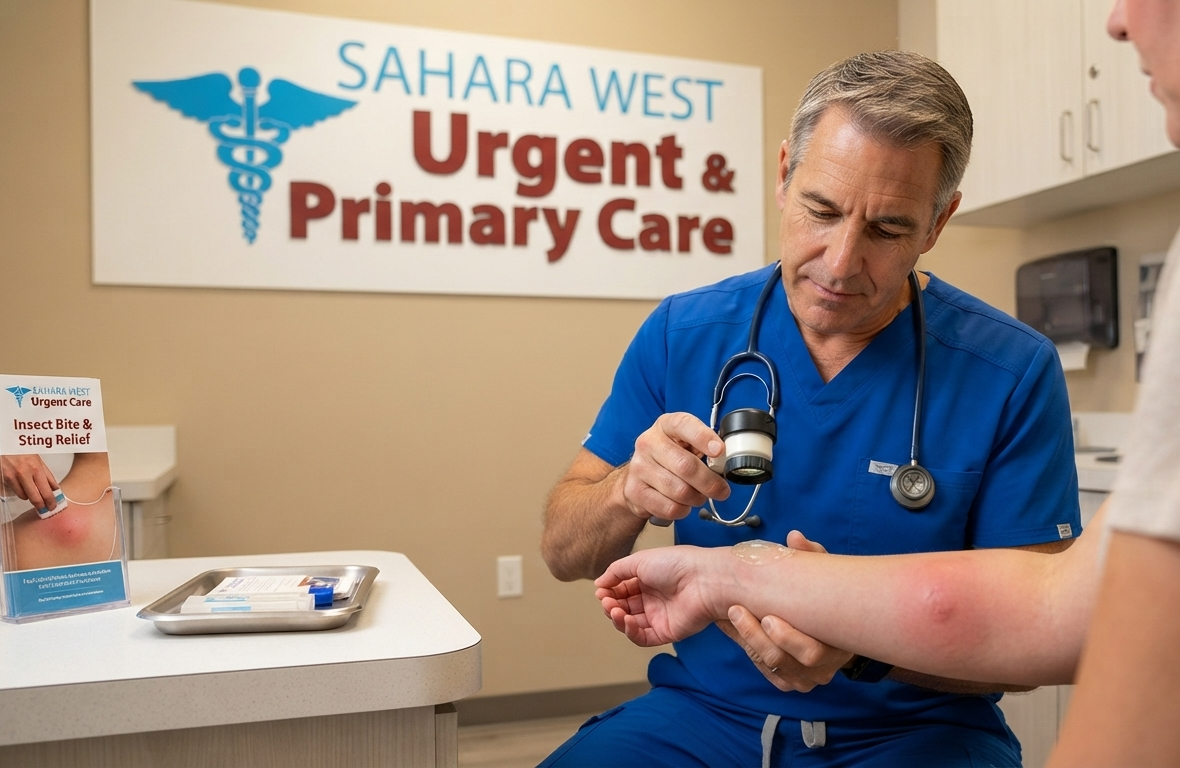 A Sahara West Urgent Care physician examines an irritated insect bite on a patient's arm using a dermatoscope, providing fast relief for Las Vegas residents.