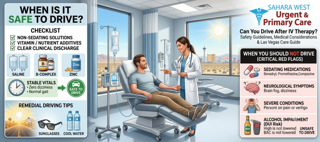 An infographic and clinic scene showing post-IV therapy safety checklists, red flags for driving, and the Sahara West Urgent & Primary Care logo.