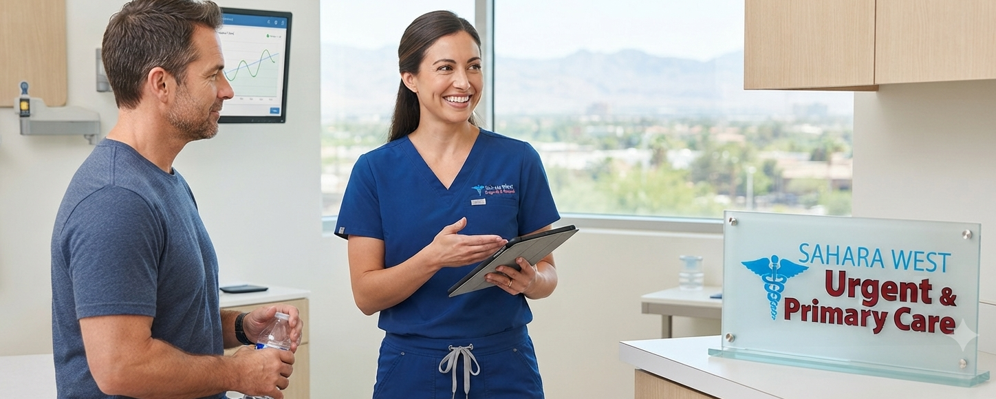 A friendly physician assistant discussing a wellness plan with a patient in a modern Sahara West Urgent Care exam room in Las Vegas.