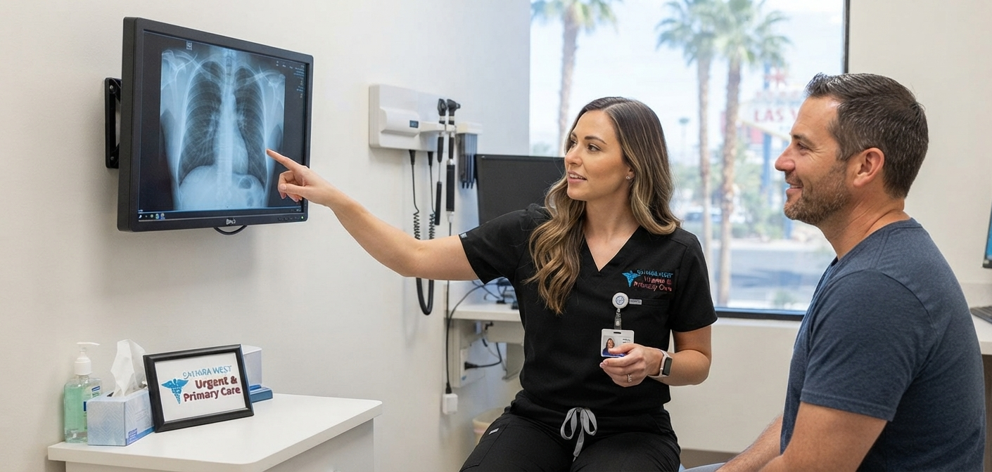 A medical provider reviewing a digital chest X-ray on a monitor with a patient at Sahara West Urgent Care in Las Vegas.