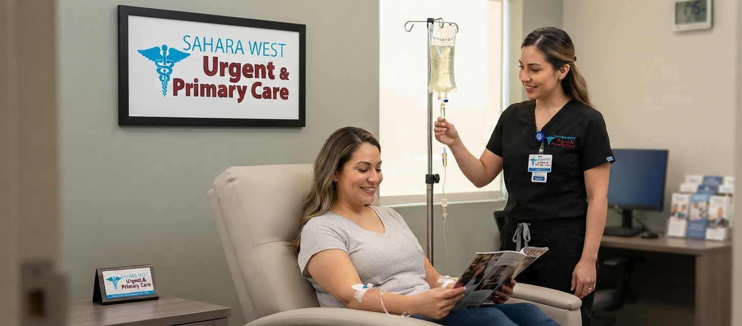 A female patient receiving IV hydration therapy for chronic illness in a comfortable exam room at Sahara West Urgent & Primary Care in Las Vegas, supervised by a nurse.