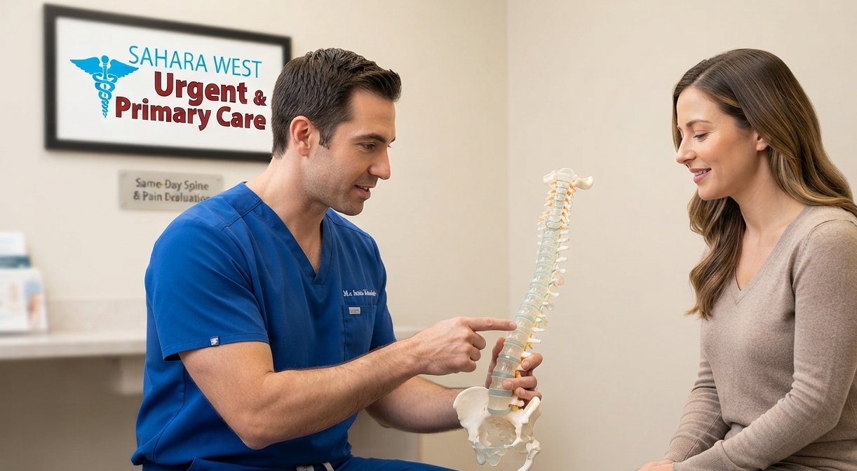 A medical provider in scrubs reviews an anatomical spine model with a female patient inside a clinic examination room, with the Sahara West Urgent & Primary Care logo visible on the wall.