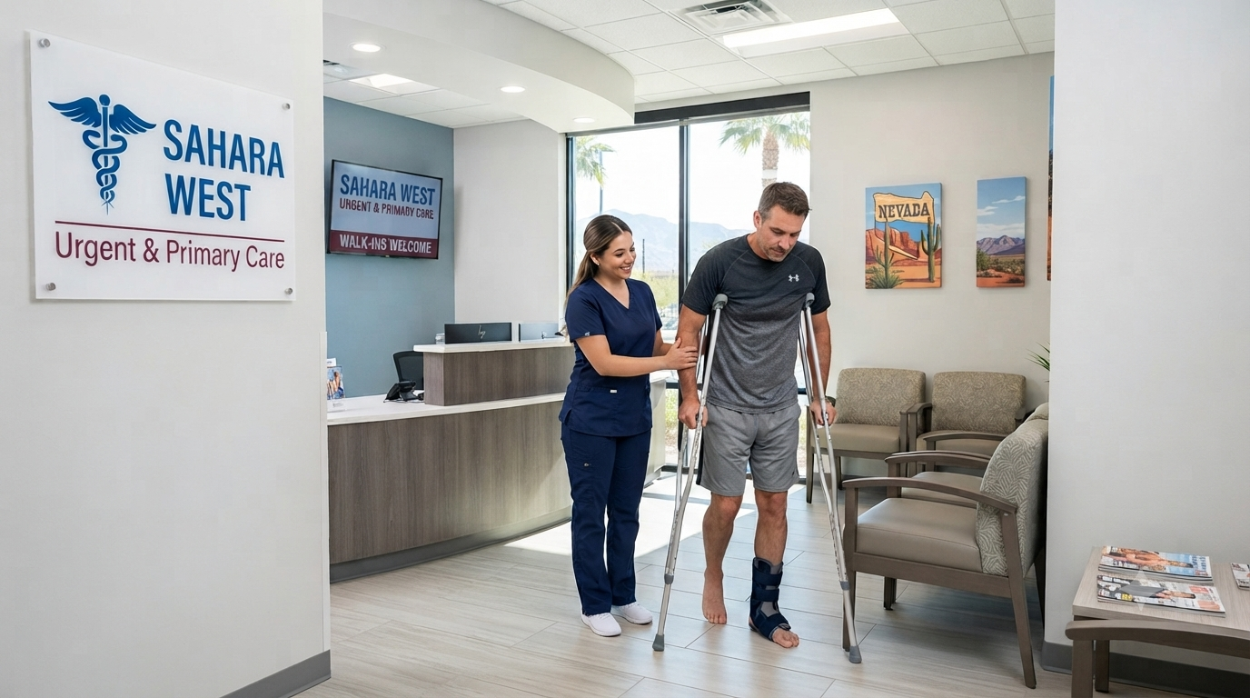 A medical assistant helping a male patient with a sprained ankle on crutches walk through the reception area of the Sahara West Urgent Care clinic in Las Vegas.
