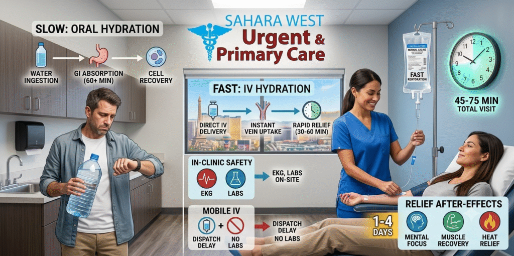 A comparison graphic showing slow oral hydration versus fast IV hydration therapy at Sahara West Urgent Care in Las Vegas, highlighting a 30 to 60 minute active drip time and total 45 to 75 minute visit duration.