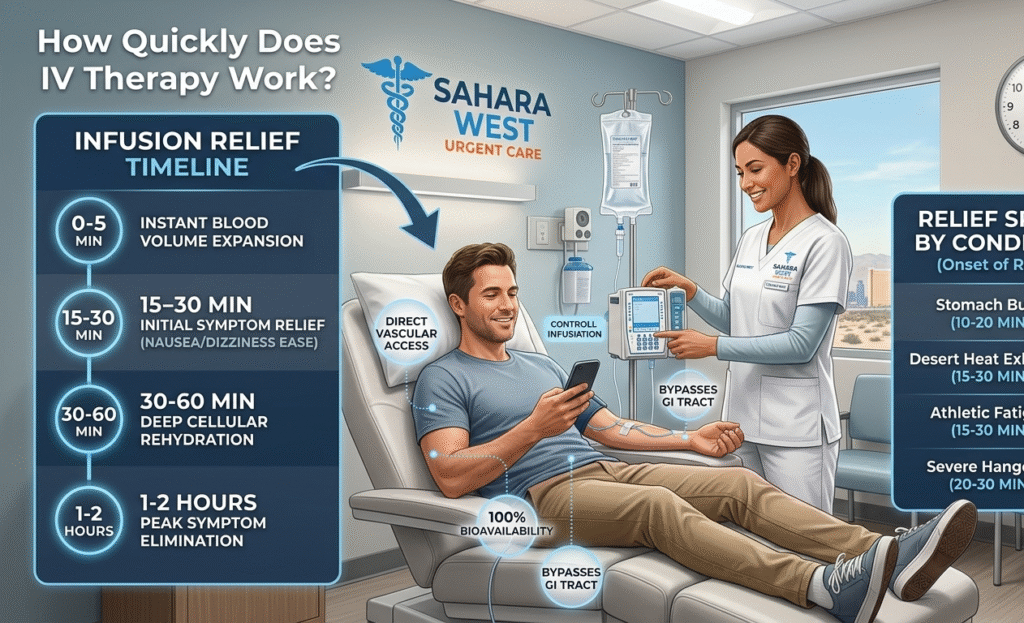 An educational medical infographic illustrating how quickly IV therapy works, showing a patient receiving controlled IV hydration at Sahara West Urgent Care alongside a step-by-step relief timeline from 0 to 60 minutes and condition-specific recovery times.