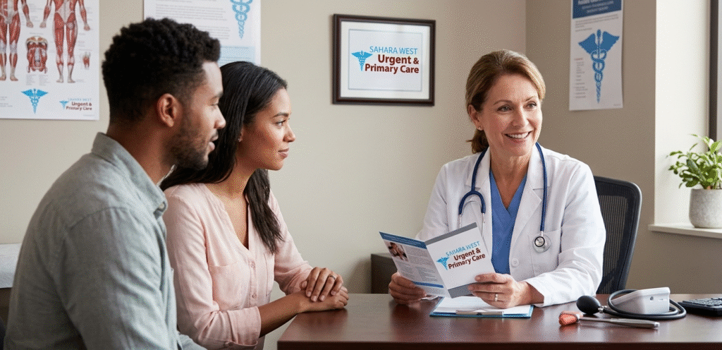 A compassionate doctor consults with a diverse new resident couple in a Las Vegas clinic, reinforcing hydration in the desert, with the Sahara West Urgent & Primary Care brand logo visible.