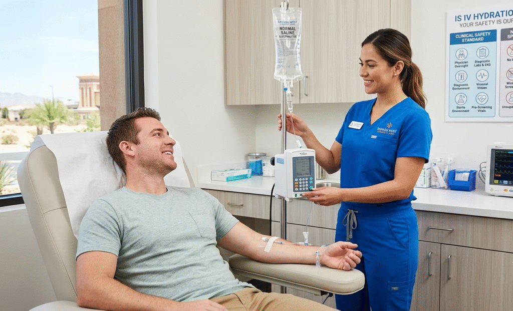 A patient receiving physician-supervised IV hydration therapy in a sterile, clinical setting at Sahara West Urgent Care in Las Vegas, with a medical provider monitoring an infusion pump next to a safety standard chart.