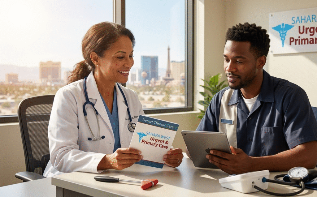 A friendly doctor consults with a Las Vegas shift worker in hospitality uniform inside the Sahara West Urgent & Primary Care clinic, discussing chronic disease management with the Strip skyline visible through a window.