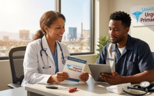 A friendly doctor consults with a Las Vegas shift worker in hospitality uniform inside the Sahara West Urgent & Primary Care clinic, discussing chronic disease management with the Strip skyline visible through a window.
