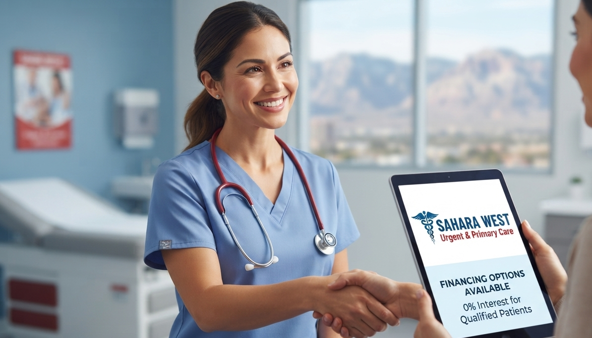 A healthcare provider shaking hands with a patient who holds a tablet displaying the Sahara West Urgent & Primary Care logo and financing options.