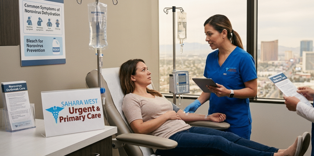 A nurse in blue scrubs monitoring an IV fluid drip for a female patient recovering from norovirus dehydration while a healthcare provider reviews medical notes at Sahara West Urgent & Primary Care in Las Vegas.