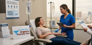 A nurse in blue scrubs monitoring an IV fluid drip for a female patient recovering from norovirus dehydration while a healthcare provider reviews medical notes at Sahara West Urgent & Primary Care in Las Vegas.