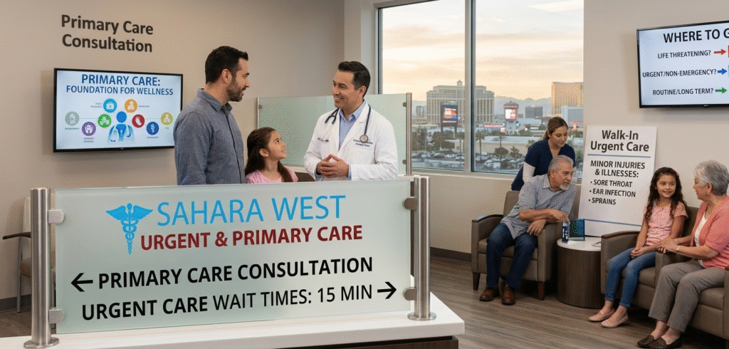 A modern medical clinic interior at Sahara West Urgent & Primary Care in Las Vegas. A doctor consults with a patient and child under a "Primary Care Consultation" sign, while another family waits in the walk-in urgent care lobby. Monitors on the wall explain when to choose the ER versus urgent or primary care, with the Las Vegas skyline visible through the window.