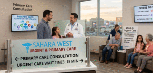 A modern medical clinic interior at Sahara West Urgent & Primary Care in Las Vegas. A doctor consults with a patient and child under a "Primary Care Consultation" sign, while another family waits in the walk-in urgent care lobby. Monitors on the wall explain when to choose the ER versus urgent or primary care, with the Las Vegas skyline visible through the window.