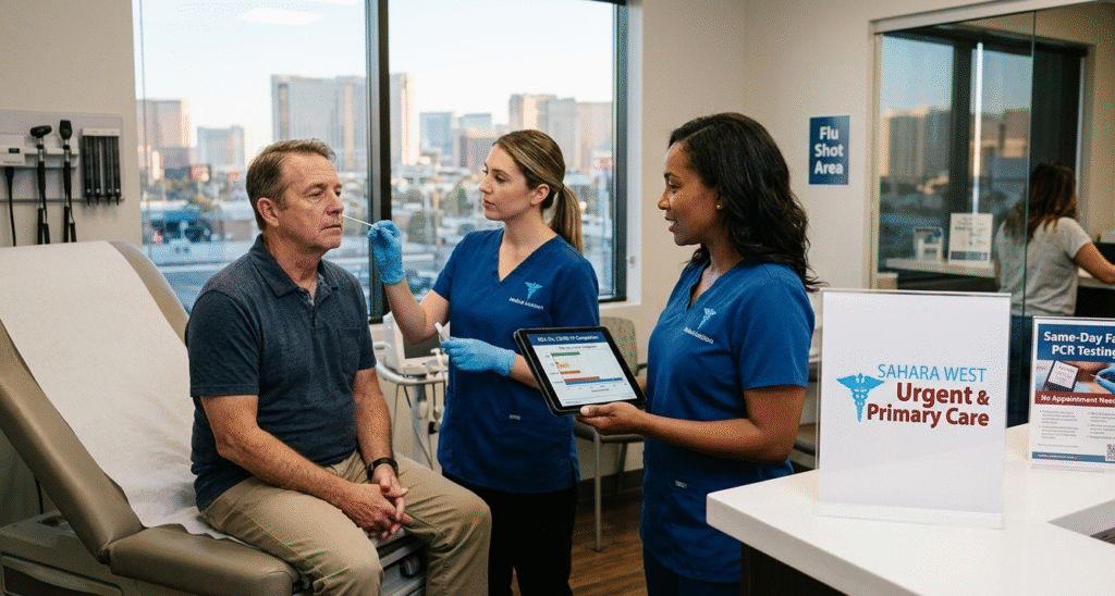 A female nurse performing a nasal swab test on a patient while a doctor reviews diagnostic results on a tablet at Sahara West Urgent & Primary Care in Las Vegas.