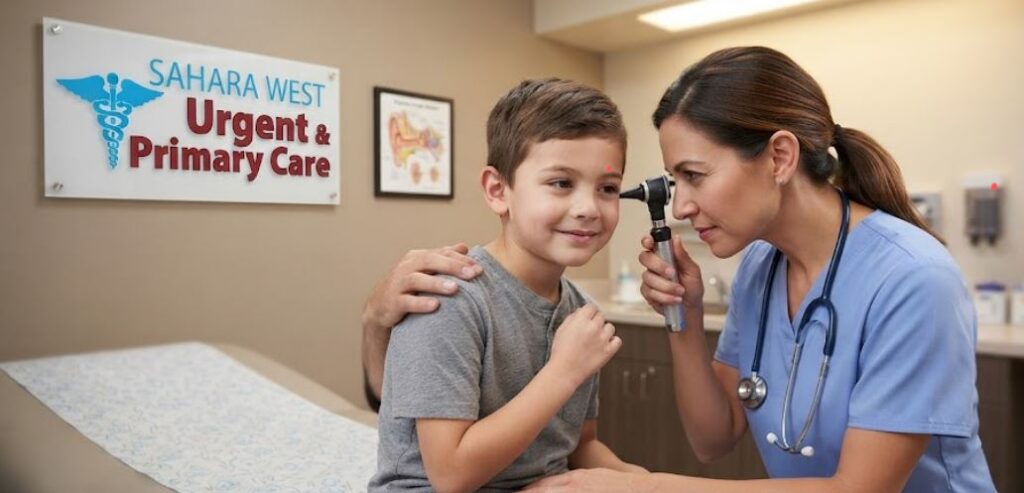 A pediatric patient receives an ear examination from a female doctor using an otoscope in a clinic exam room, with the "Sahara West Urgent & Primary Care" logo clearly visible on the wall sign.