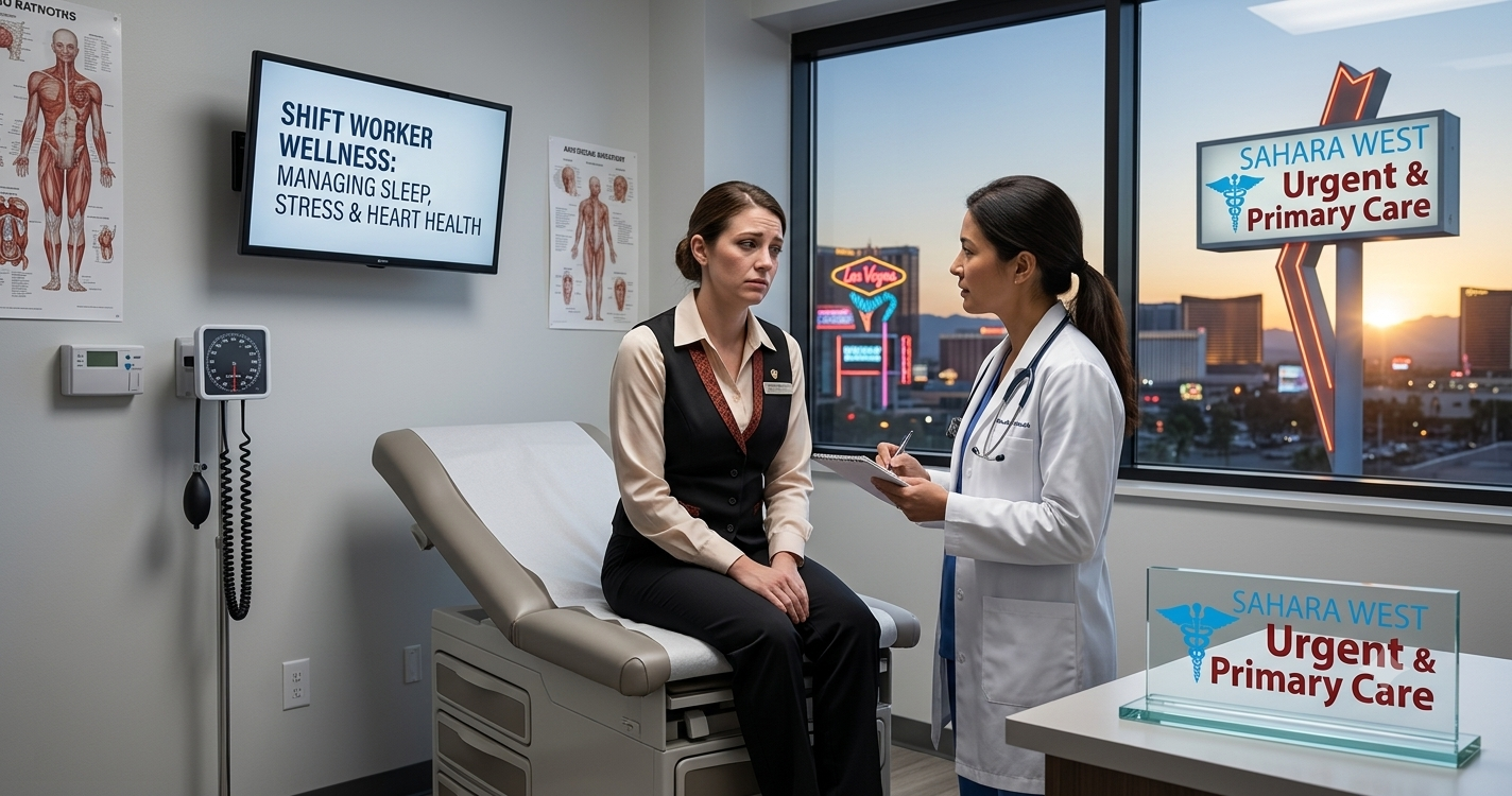 A Las Vegas hotel worker sitting on an examination table during a medical consultation with a doctor inside a clinic. A wall screen reads "Shift Worker Wellness: Managing Sleep, Stress & Heart Health," with a view of the Las Vegas Strip at sunset through the window. The 'Sahara West Urgent & Primary Care' logo is displayed on the outdoor signage and a desk plaque.