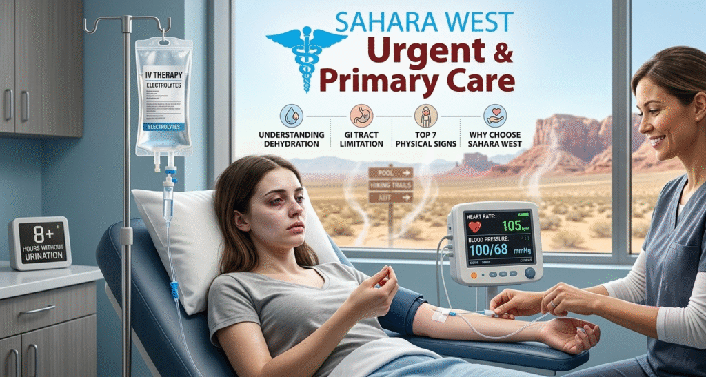 A patient receiving IV rehydration therapy from a licensed healthcare provider at Sahara West Urgent Care in Las Vegas, illustrating symptoms of severe dehydration and rapid fluid recovery.