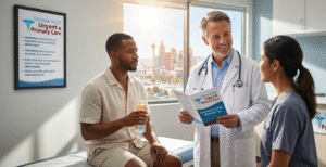 A realistic photograph of a doctor and shift worker at the Sahara West Urgent & Primary Care clinic in Las Vegas, with the Strip skyline visible outside a window, working on a booklet about summer wellness in the desert heat.
