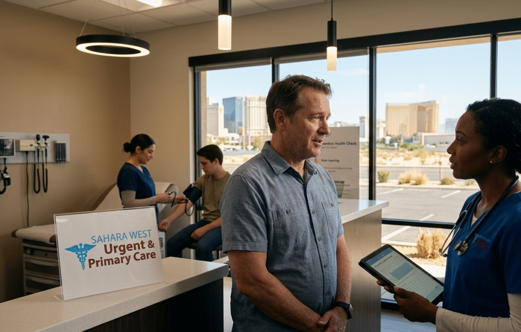 A primary care doctor reviewing health records on a tablet with a patient at Sahara West Urgent & Primary Care in Las Vegas, with the city skyline visible through the window.