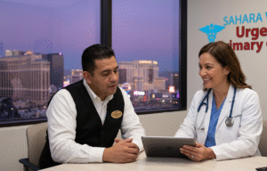 A friendly doctor at Sahara West Urgent & Primary Care in Las Vegas provides a tailored wellness consultation to a casino shift worker wearing a vest, with the twilight Strip skyline visible outside.