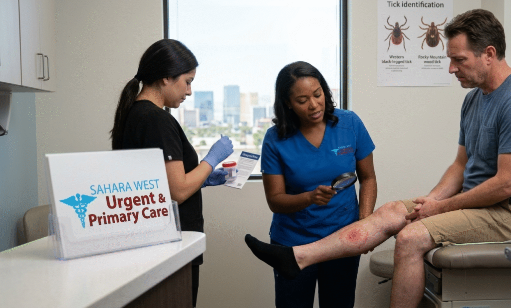 A female doctor examining a bull's-eye rash (erythema migrans) on a male patient's leg with a magnifying glass at Sahara West Urgent & Primary Care in Las Vegas.
