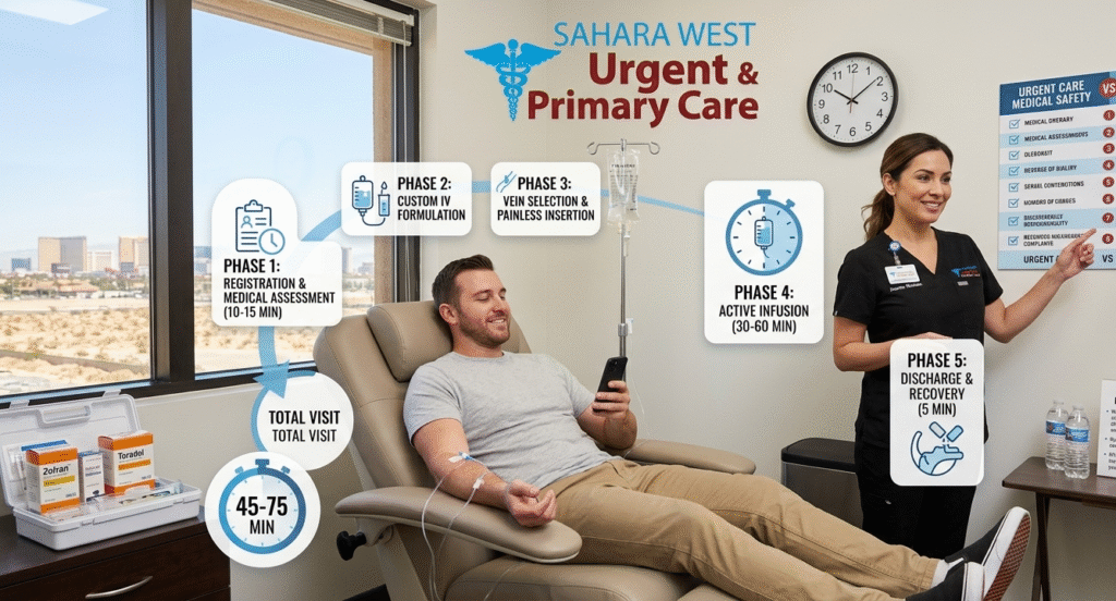 An infographic illustrating the five phases of a physician-supervised IV therapy session at Sahara West Urgent Care in Las Vegas, including medical assessment, customization, insertion, active infusion, and discharge, contrasting urgent care safety with mobile IV services.