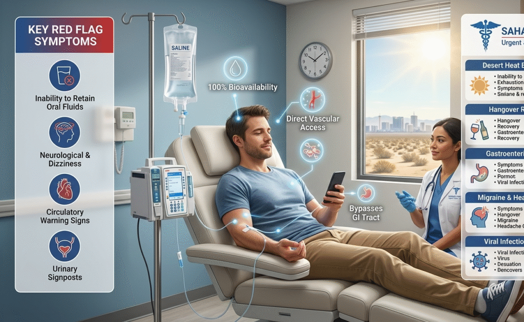 A patient receiving IV hydration therapy in a modern medical suite at Sahara West Urgent Care, featuring an infographic breakdown of clinical dehydration red flags, 100% bioavailability benefits, and urgent care medical indications.