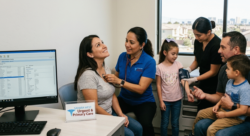 A caring healthcare provider performing an annual physical exam for a mother while a medical assistant checks her daughter's blood pressure at Sahara West Urgent & Primary Care in Las Vegas.