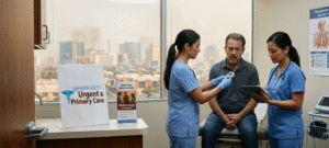 A female nurse checking a patient's oxygen levels using a pulse oximeter while a doctor reviews medical records on a tablet during a hazy wildfire smoke day at Sahara West Urgent & Primary Care in Las Vegas.