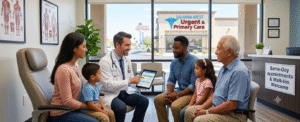 A primary care doctor consulting with a family in a Las Vegas medical clinic.