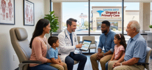 Primary care physician discussing desert allergy treatments with a patient in a Las Vegas clinic.