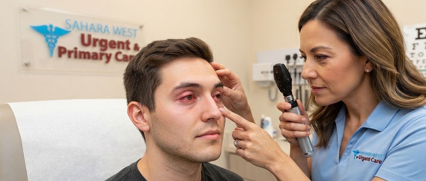 A medical professional examines a patient's red, irritated eye with an ophthalmoscope at Sahara West Urgent Care in Las Vegas.