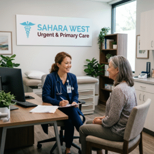 A smiling female doctor in blue scrubs consulting with an older female patient in a clean, modern medical office featuring the Sahara West Urgent & Primary Care logo on the wall.