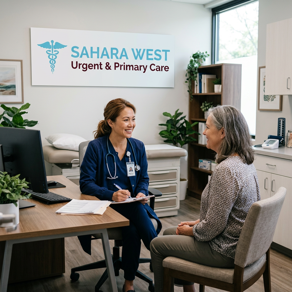 A smiling female doctor in blue scrubs consulting with an older female patient in a clean, modern medical office featuring the Sahara West Urgent & Primary Care logo on the wall.