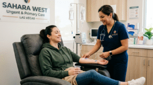 A patient receiving IV hydration therapy at Sahara West Urgent Care in Las Vegas, showing visible relief from food poisoning symptoms while a medical professional monitors the treatment.