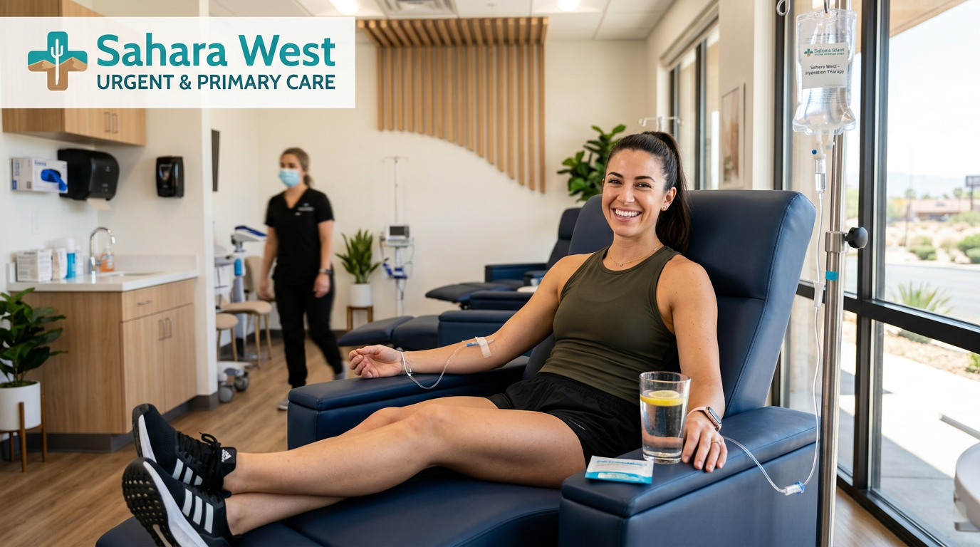 An athlete in fitness apparel receiving IV hydration recovery therapy at Sahara West Urgent Care in Las Vegas to combat desert heat and muscle fatigue.