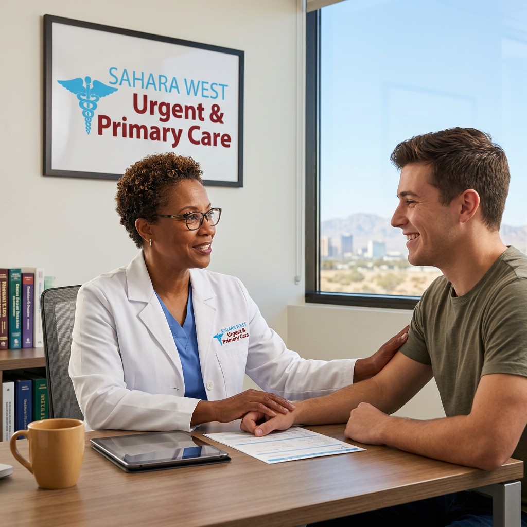A friendly doctor in a white coat consulting with a patient in a bright, modern Las Vegas medical office featuring the Sahara West Urgent & Primary Care logo.