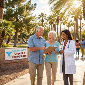 An active elderly couple smiling while discussing a wellness plan with a primary care doctor in a bright Las Vegas setting, featuring the Sahara West logo.
