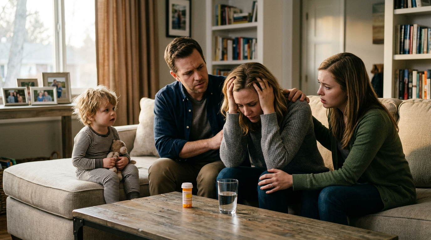 A realistic photo of a family of four on a sofa; a woman holds her head in severe distress while a man, another woman, and a young child look on with concern