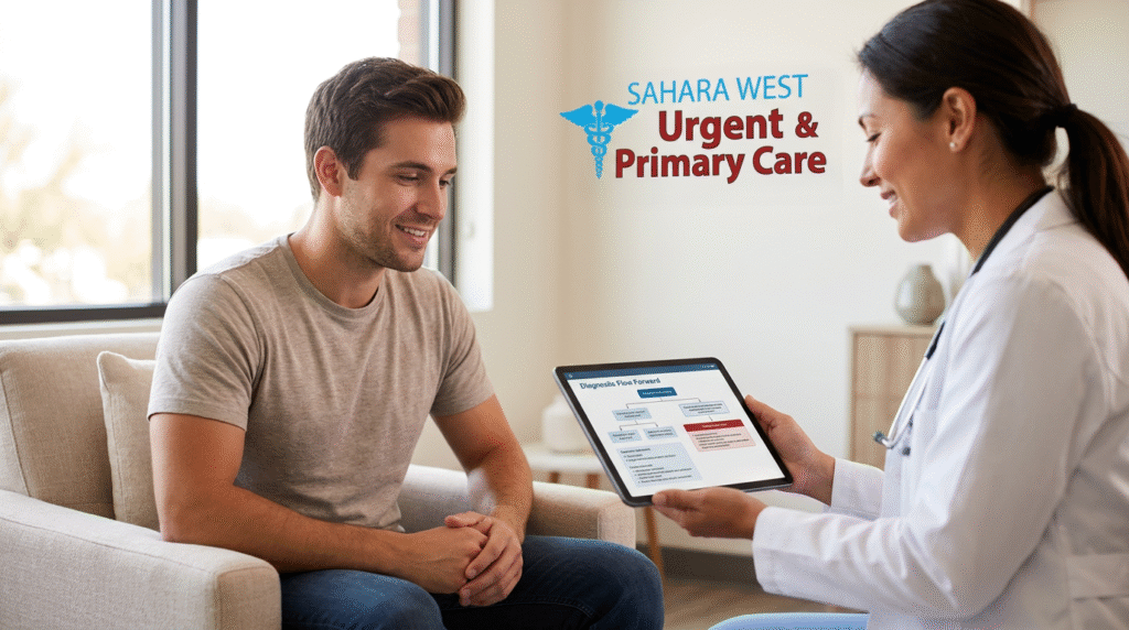 A man consulting with a healthcare professional in a bright Las Vegas clinic featuring the Sahara West logo, discussing the physical symptoms of anxiety.