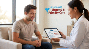 A man consulting with a healthcare professional in a bright Las Vegas clinic featuring the Sahara West logo, discussing the physical symptoms of anxiety.